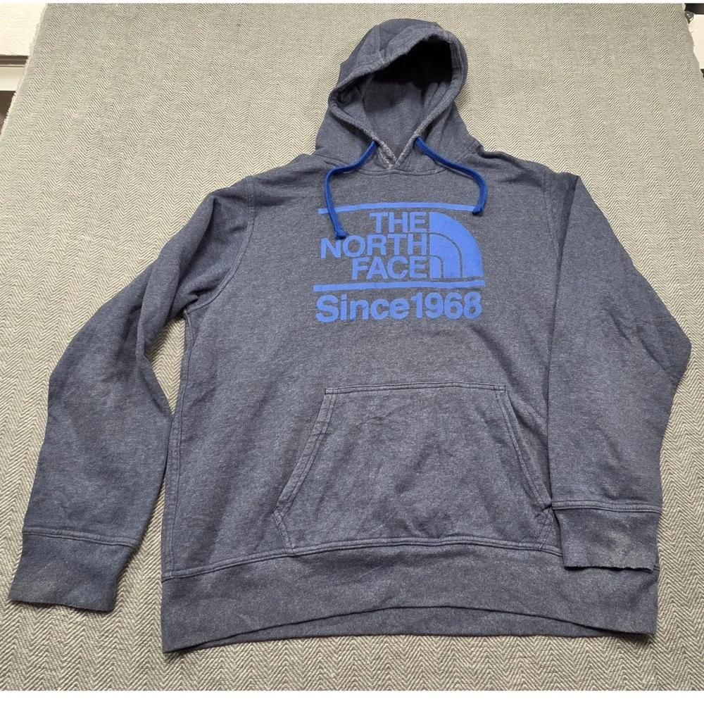The North Face Mens XL Heather Navy Blue Graphic Logo Pullover Hoodie Since 1968